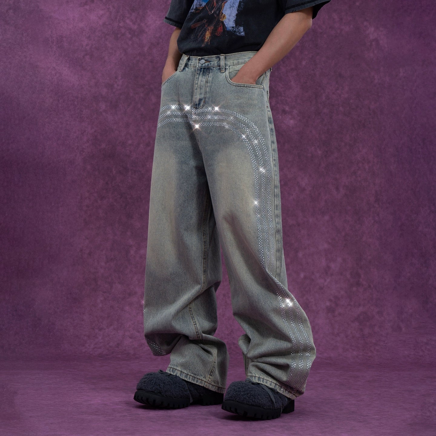 CLP Men's Retro Light Blue Curved Hem Jeans-Light Blue-S-Free Shipping Leatheretro