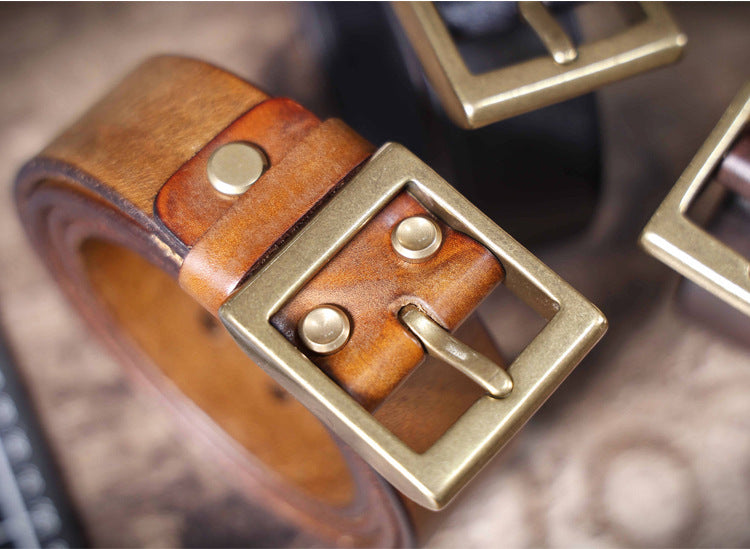 Vintage Men's Genuine Leather Belt Handmade Needle Buckle with Pure Copper Buckle Belt-Leather Belt-Dark Coffee-105cm-Free Shipping Leatheretro