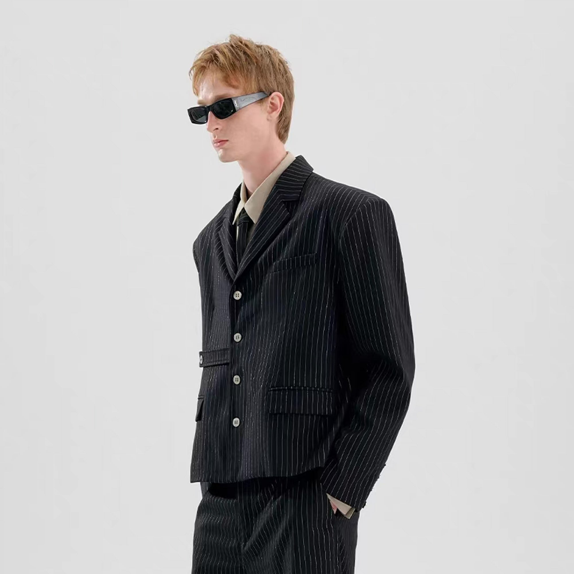 TIWILLTANG Cropped Pinstripe Strap Blazer-Jacket-S-Black-Free Shipping Leatheretro