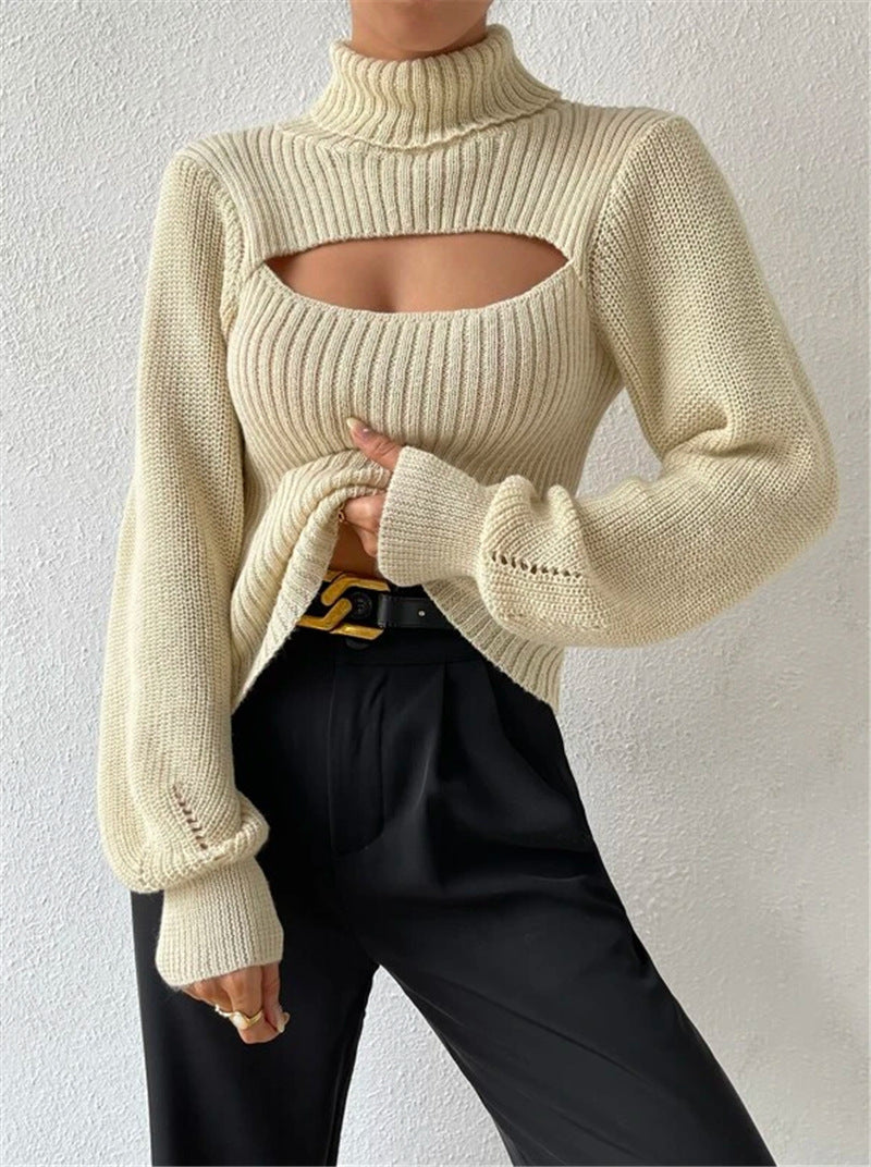 Sexy High Neck Short Knitted Sweaters-Sweater&Hoodies-Apricot-S-Free Shipping Leatheretro