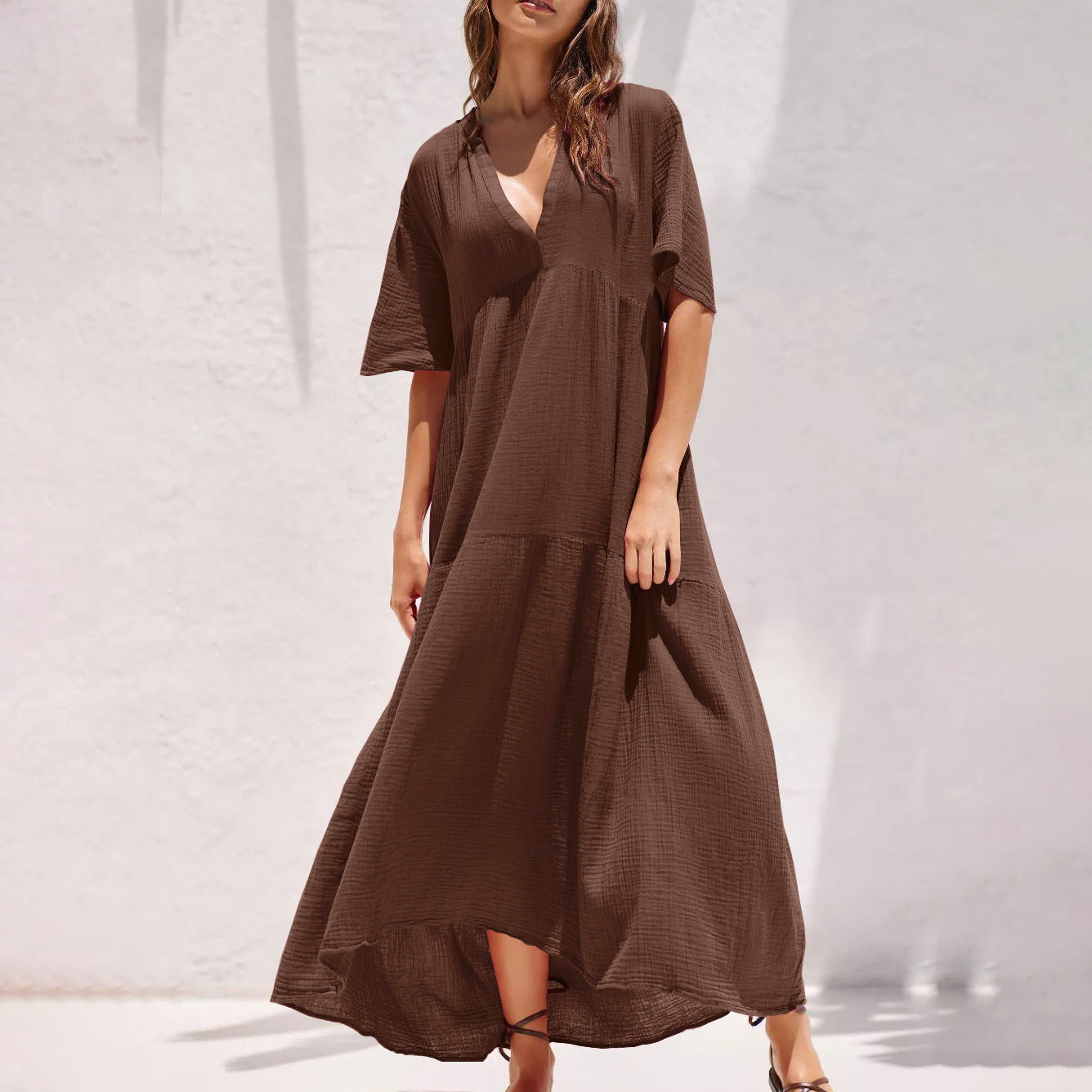 Summer V Neck Long Maxi Dresses-Dresses-Coffee-S-Free Shipping Leatheretro