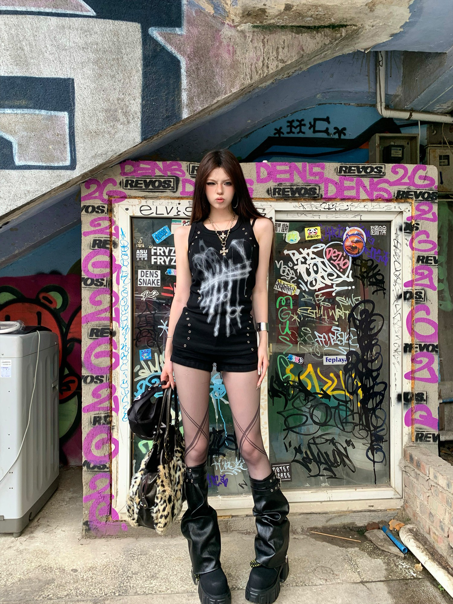 PAIKI Grommet Lightning Graphic Slim Tank Top-Tank Top-S-Black-Free Shipping Leatheretro