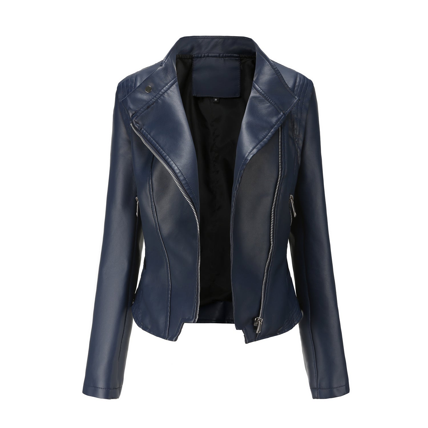 Women's Lapel Fitted Faux Leather Jacket-black-L-Free Shipping Leatheretro