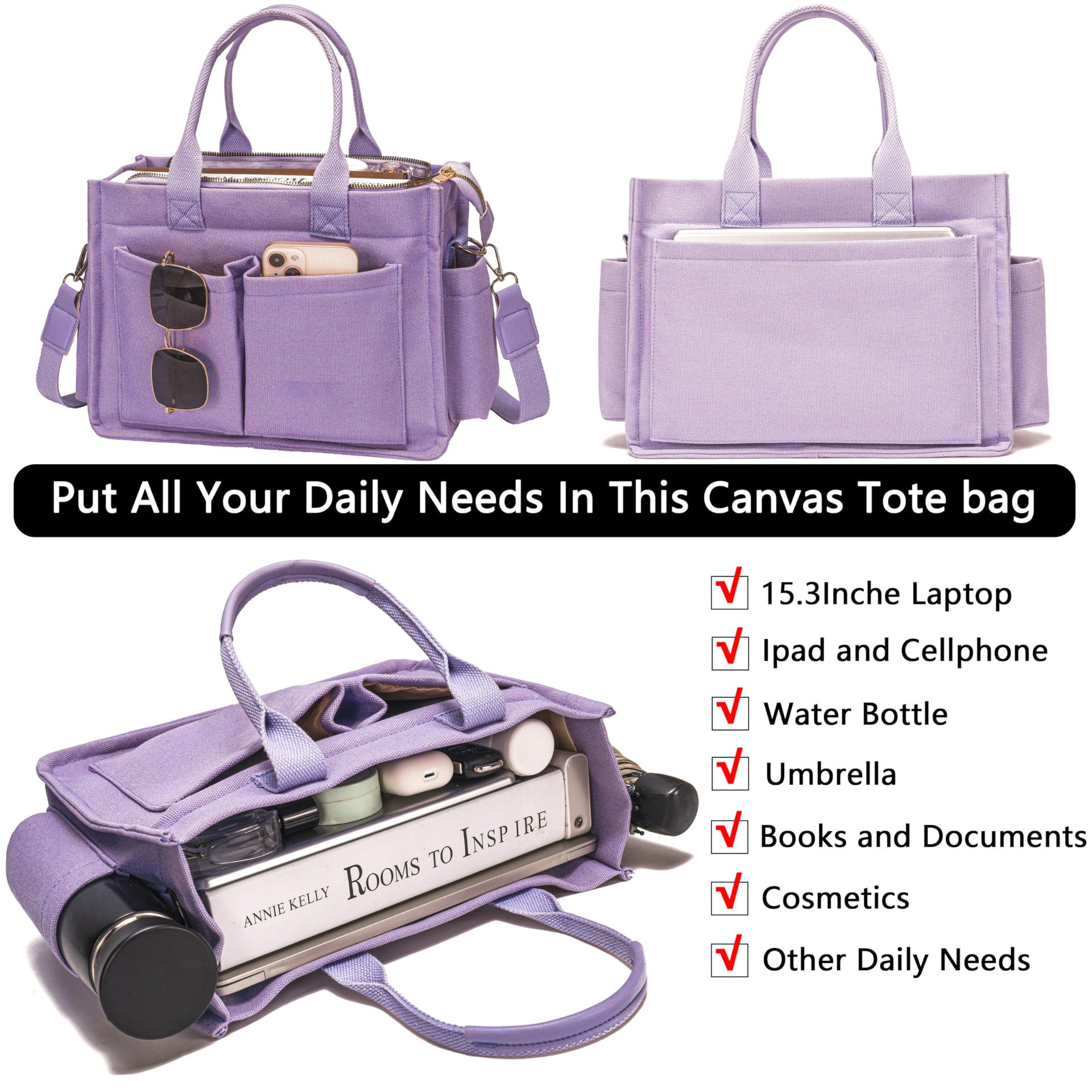 Large Canvas Tote Bag Laptop Crossbody Bag, Spacious Mom Diaper Bag-Canvas Bag-Black-A-Free Shipping Leatheretro