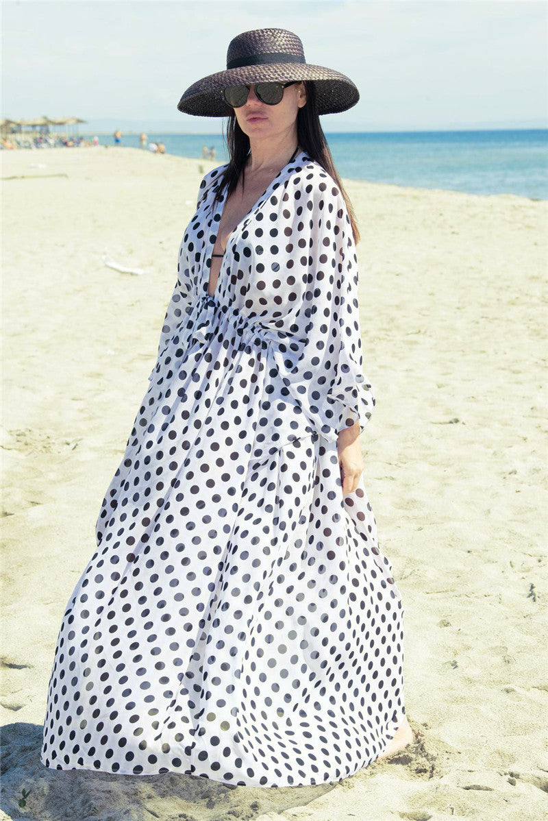 Summer Chiffon Beach Cover Up Dresses for Women-Polk Dot-One Size-Free Shipping Leatheretro
