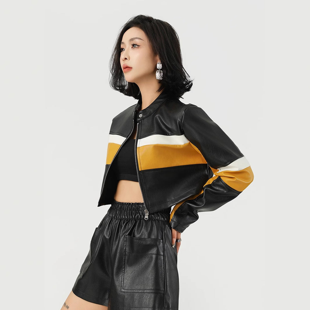 PU Leather Contrast Color Slim-Fit Biker Jacket-As Photo-S-Free Shipping Leatheretro