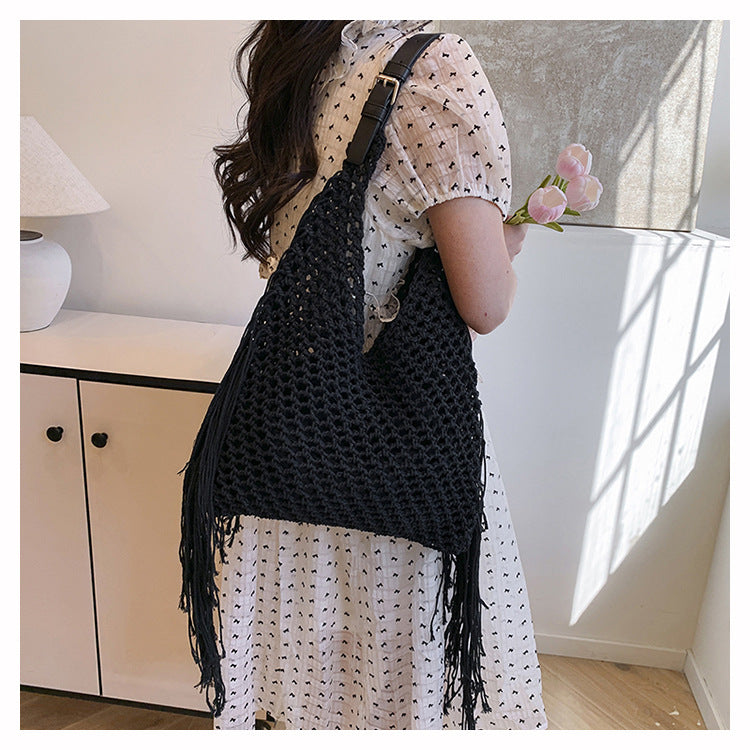 Retro Fringe Handwoven Crochet Tote Bag-Black-Free Shipping Leatheretro