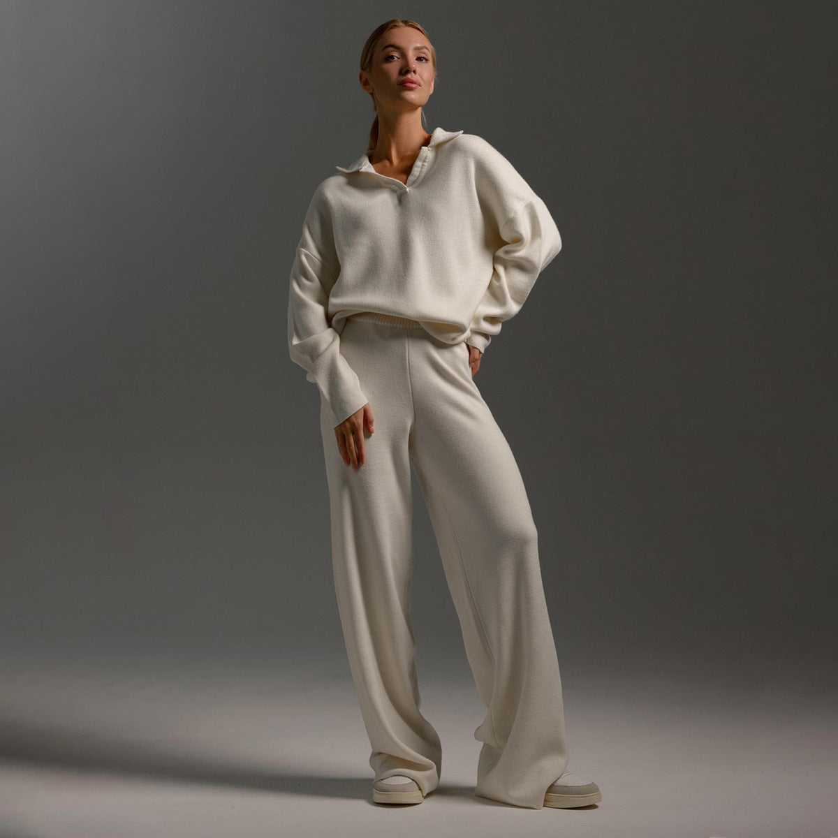 Fashion Winter Polo Neck Knitted Tops & Wide Legs Pants-suits-Ivory-S-Free Shipping Leatheretro