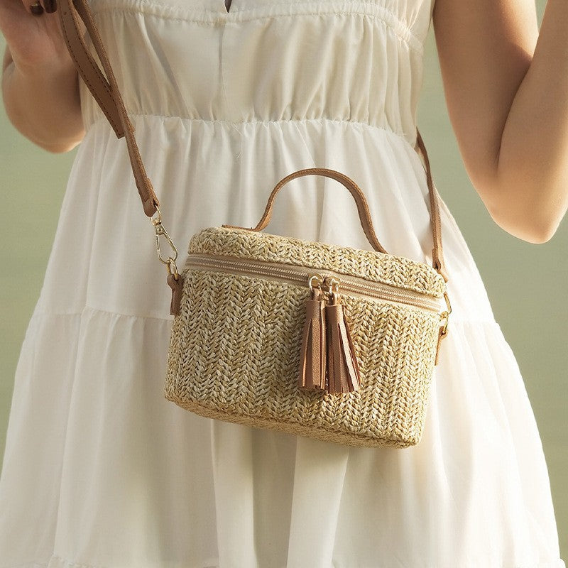 Women Straw Woven Bucket Bag-Straw-19x15x10CM-Free Shipping Leatheretro