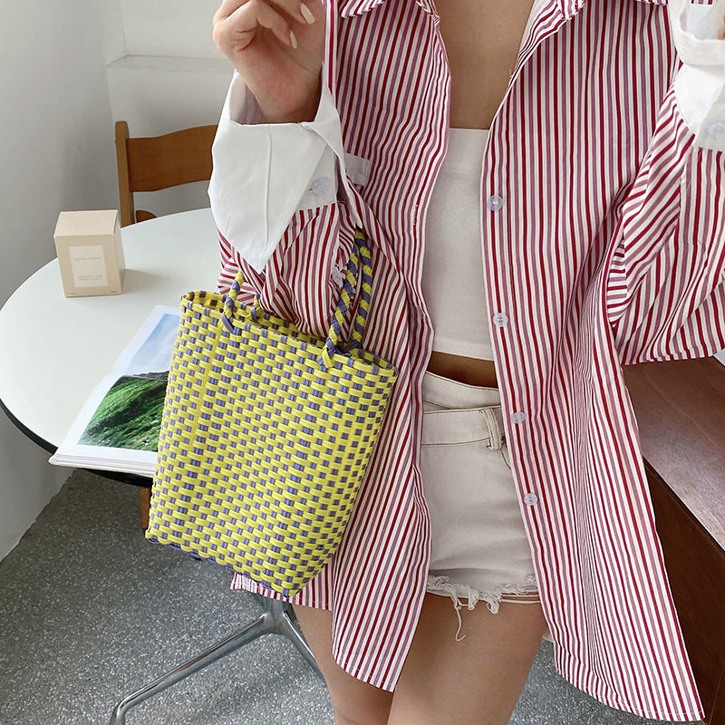 Summer PVC Handwoven Beach Bag – Colorful Boho Tote, Gift Basket & Casual Carryall-Beach Bags-Pink green-Free Shipping Leatheretro