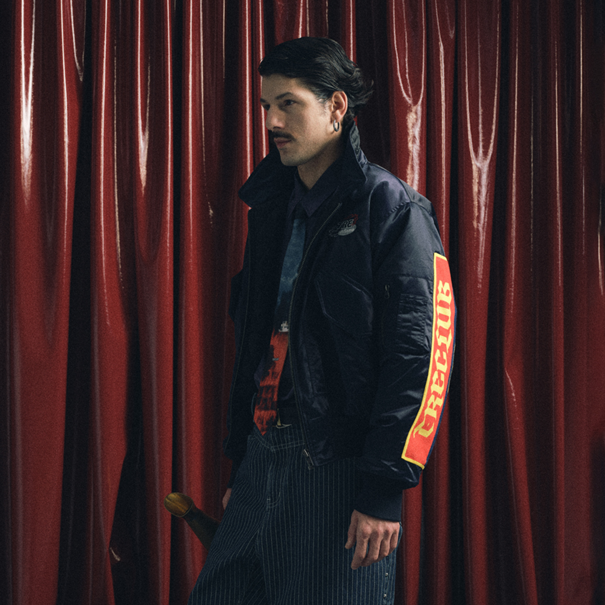 TRECLUB Contrast Graphic Embroidered Patch Bomber-Jacket-200g Cotton Filling-S (Preorder)-Free Shipping Leatheretro