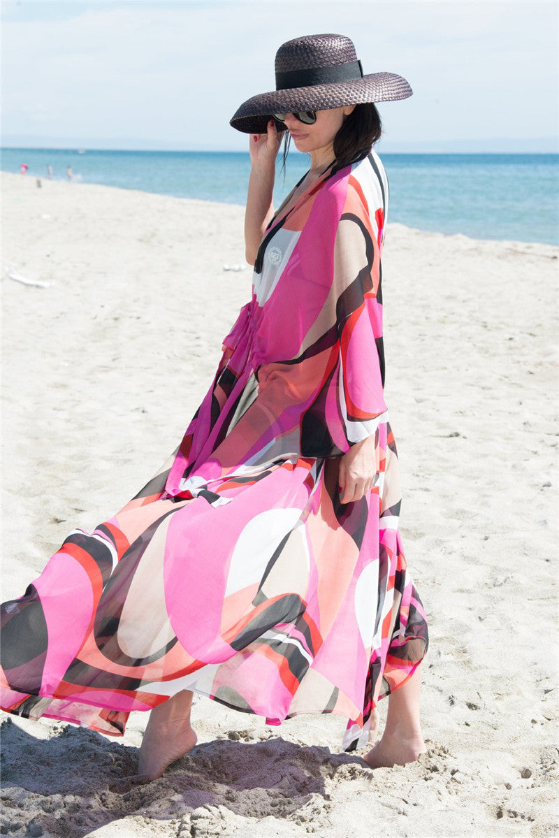 Summer Chiffon Beach Cover Up Dresses for Women-Rose Red-One Size-Free Shipping Leatheretro