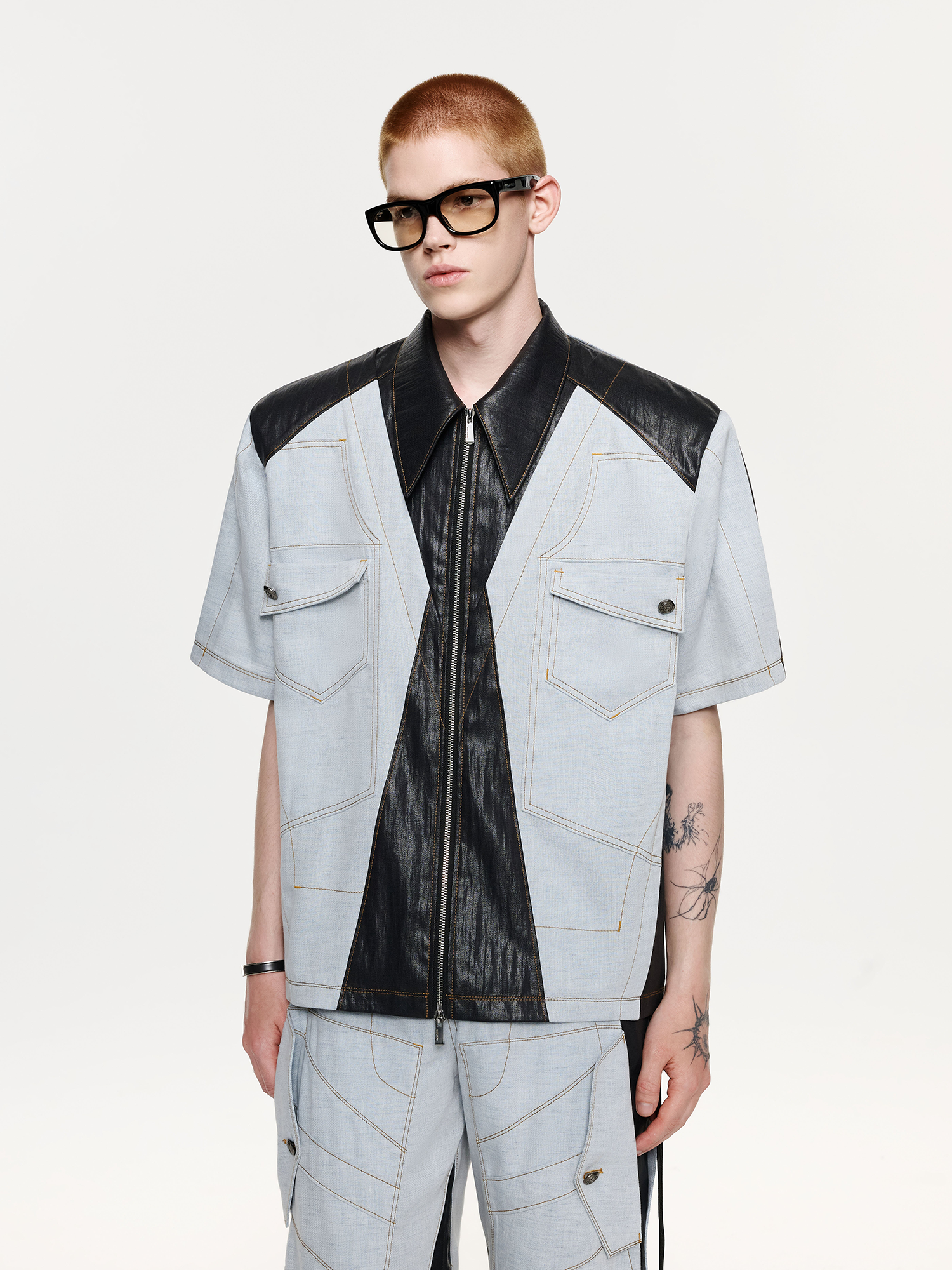 TIWILLTANG Contrast Stitch Paneled Zip-Up Half Shirt-Half shirt-S-Blue-Free Shipping Leatheretro