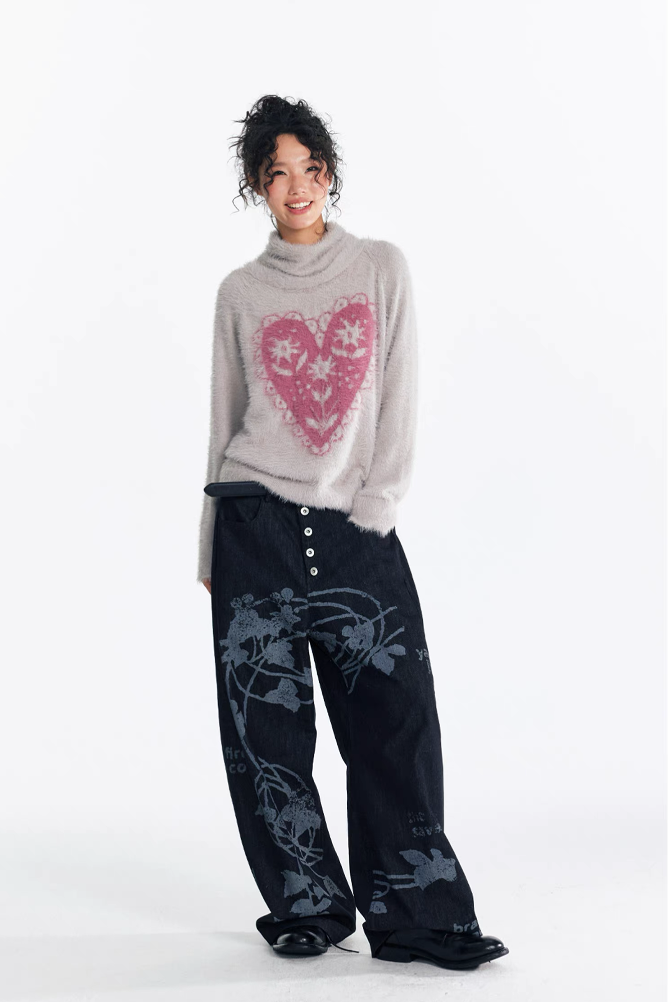 1997 POSTOFFICE Lilac Vine Full-Print Curved Jeans-Jeans-S-Dark Blue-Free Shipping Leatheretro