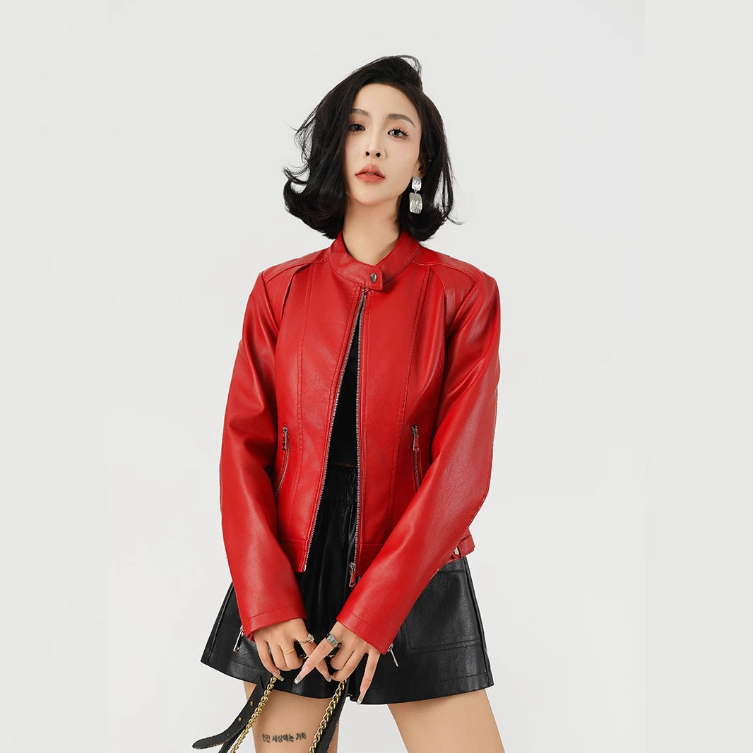 Women's Fashion PU Leather Jacket-Red-S-Free Shipping Leatheretro