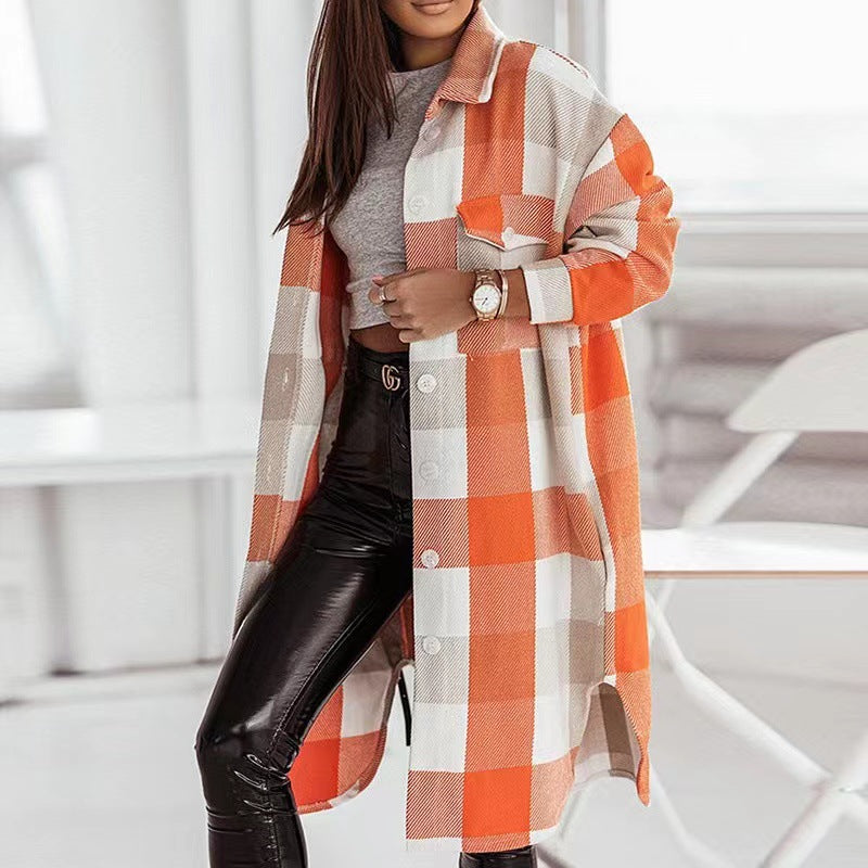 Fashion Colorful Plaid Women Overcoats-Outerwear-Orange-S-Free Shipping Leatheretro