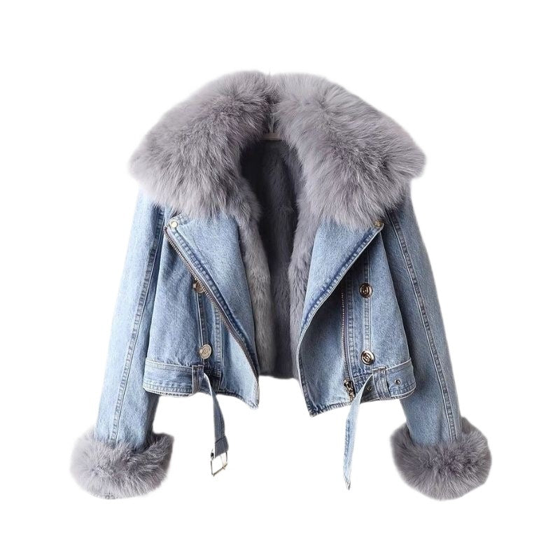 Winter Detachable Fox Fur Denim Jacket Coats for Women-Coats & Jackets-Blue-S-Free Shipping Leatheretro