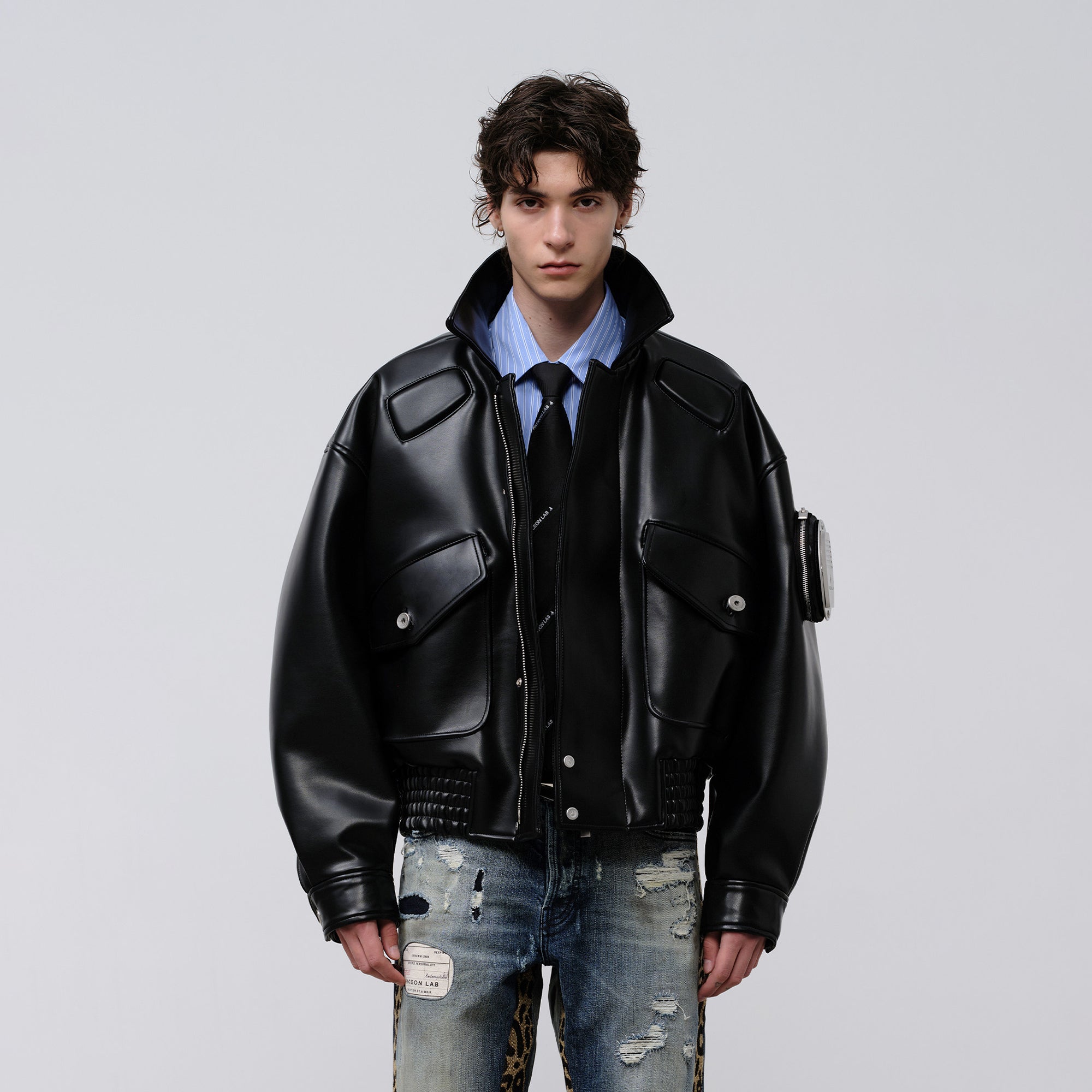 FACEONLAB Arm-Patched Bomber Oversized Jacket-Jacket-M (Preorder)-Free Shipping Leatheretro