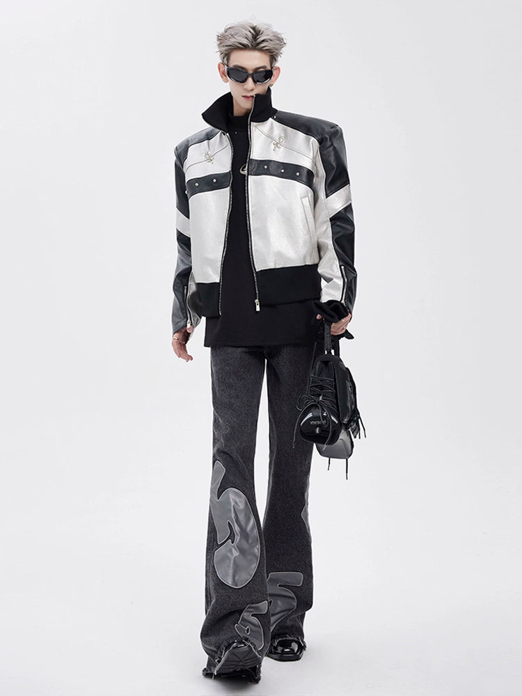 STARTEXCEEDEND Men's Short Biker Leather Jacke-Black White-M 45-60kg-Free Shipping Leatheretro