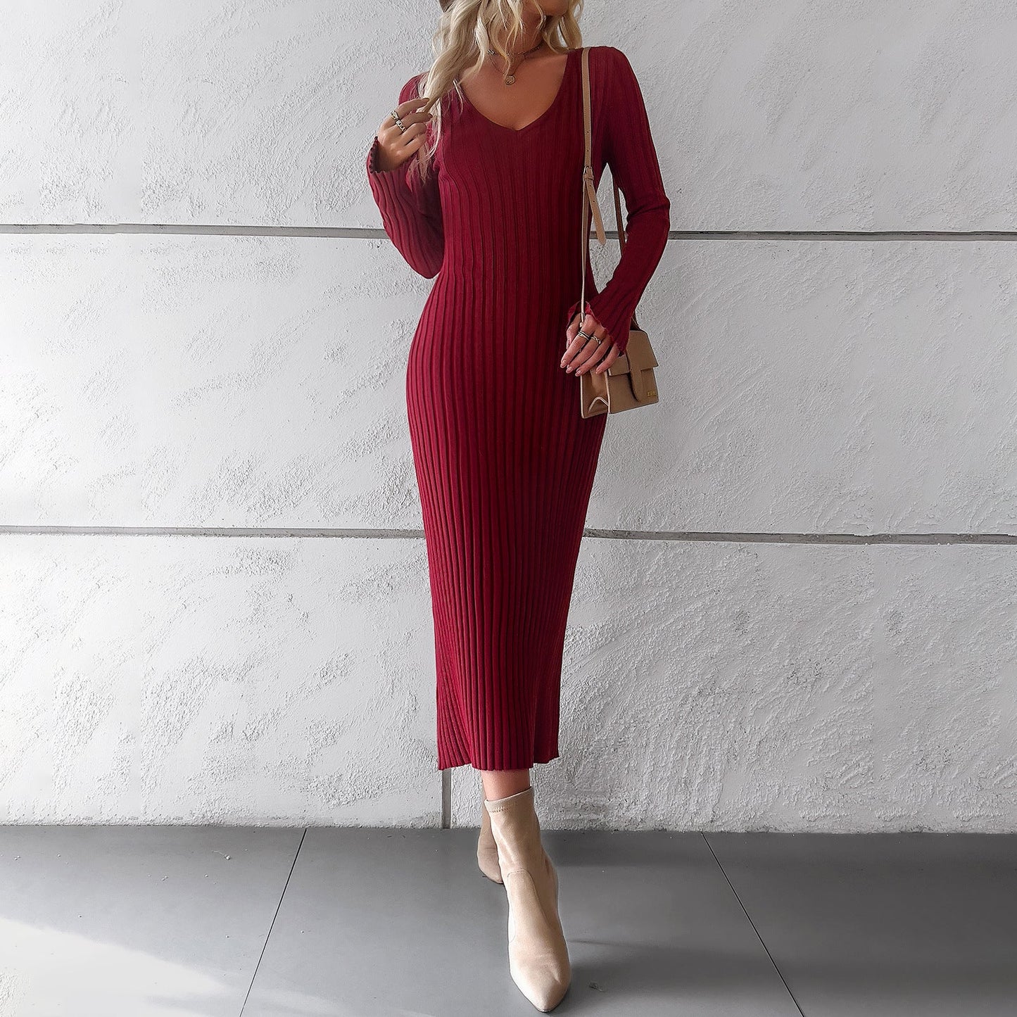 Elegant V Neck Long Sleeves Knitted Dresses-Dresses-Wine Red-S-Free Shipping Leatheretro