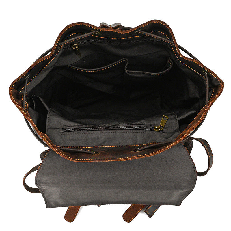 Retro Crazy Horse Leather Backpack – Large Capacity 16-Inch Cowhide Laptop & Travel Bag with Multi-Flap Pockets-Backpacks-Dark Brown-Free Shipping Leatheretro
