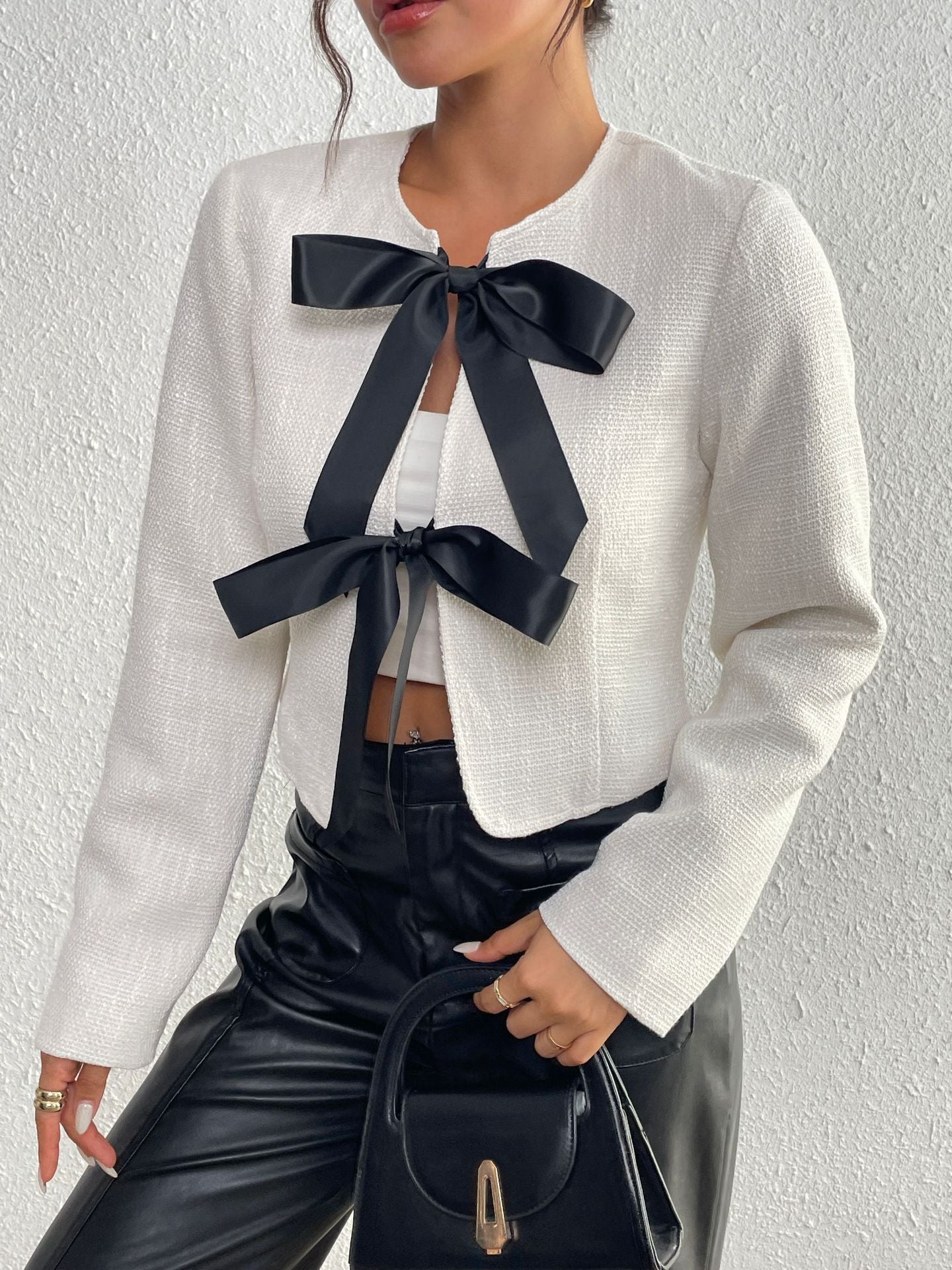 Fashion Irregular Bow Long Sleeves Blazers-Outerwear-White-S-Free Shipping Leatheretro