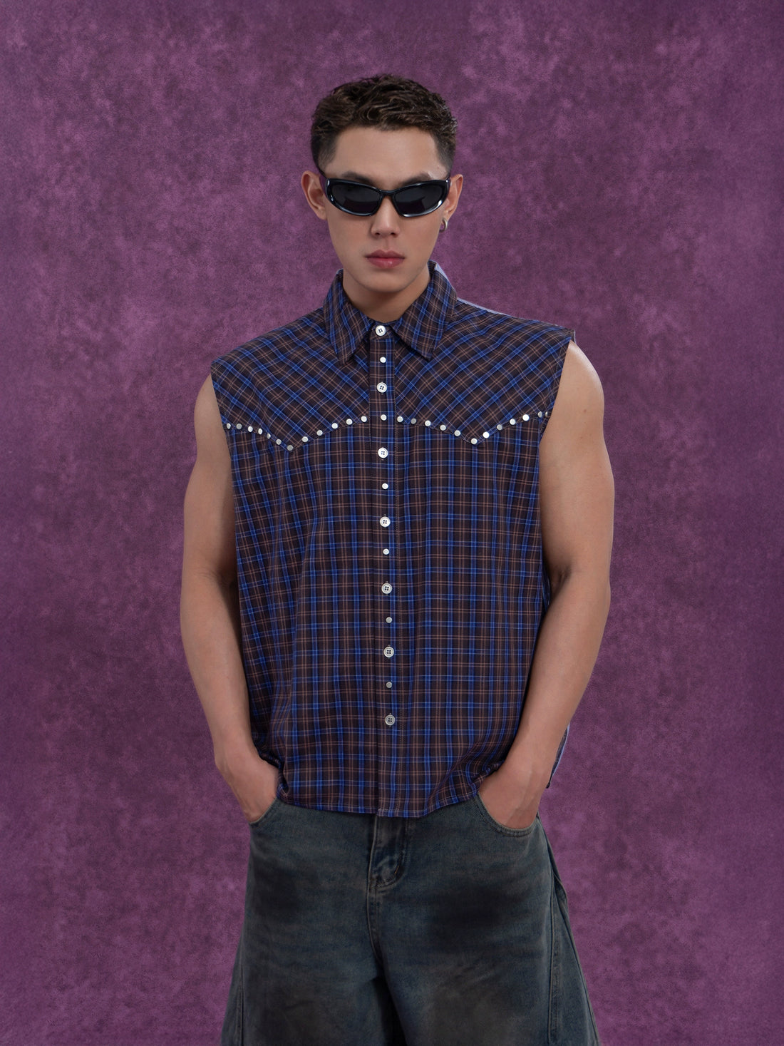 CLP Men's Blue Checkered & Striped Sleeveless Shirt Vest with Rivet Details-Blue-S-Free Shipping Leatheretro