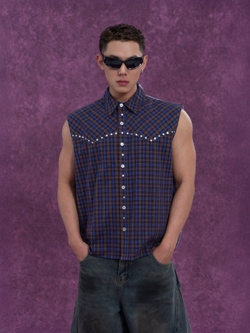CLP Men's Blue Checkered & Striped Sleeveless Shirt Vest with Rivet Details-Blue-S-Free Shipping Leatheretro