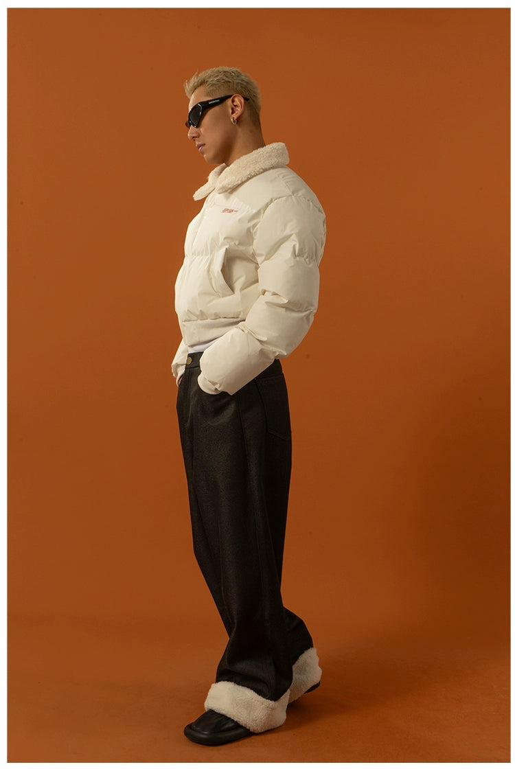 CLP Unisex Short Puffy Jacket with Sherpa Collar-Blue-S-Free Shipping Leatheretro