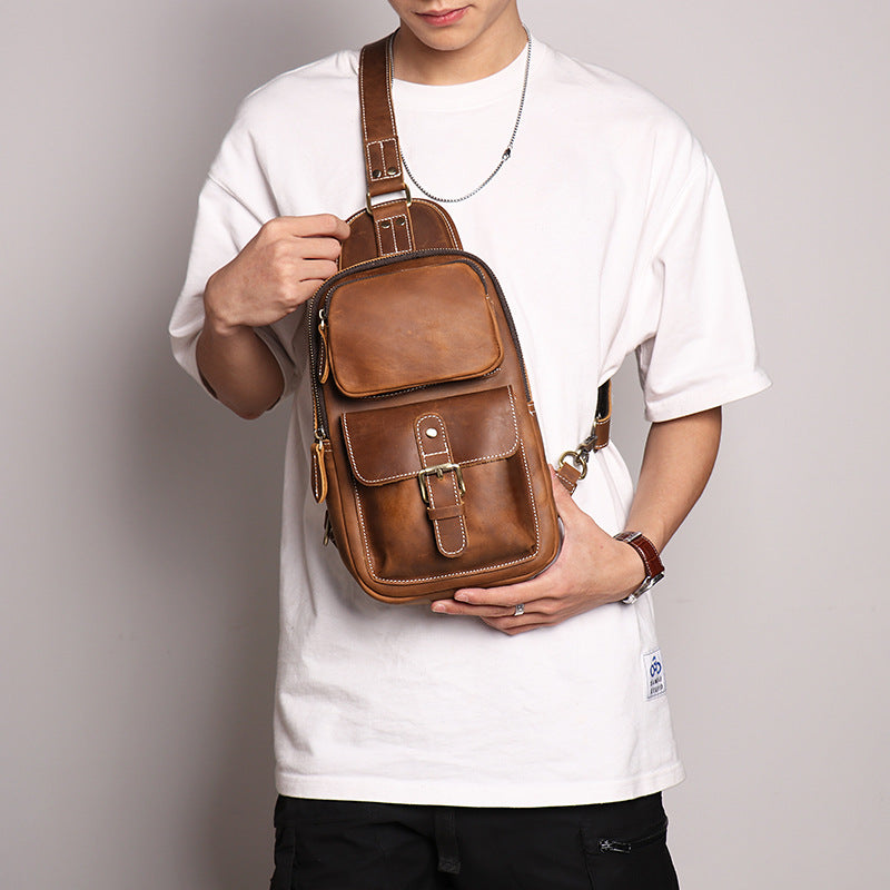 European and American Men's Crazy Horse Leather Crossbody Chest Bag-Chest Bags-Black-Free Shipping Leatheretro