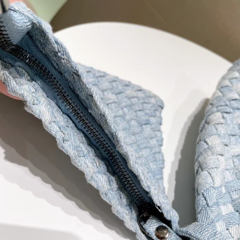 Stylish Canvas & Denim Woven Bucket Bag for Women-Light Blue 23cm-Free Shipping Leatheretro