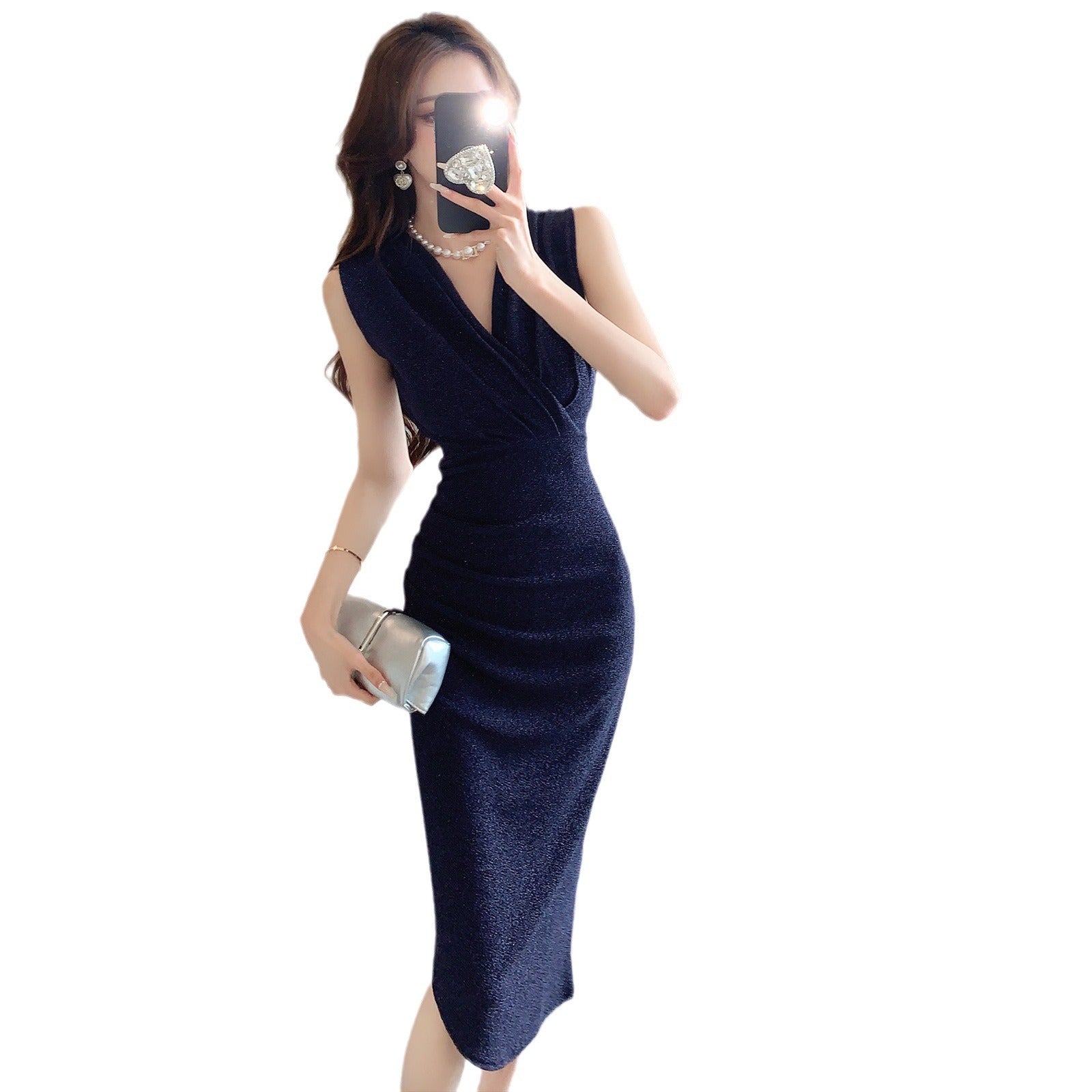 Sexy V Neck Sheath Evening Party Dresses-Dresses-Blue-S-Free Shipping Leatheretro