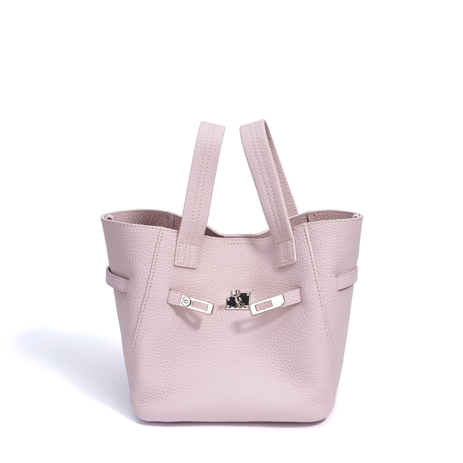 Top-Grain Leather Handbag – Stylish Basket Shoulder Bag with Lock Closure-Milkshake powder-Free Shipping Leatheretro