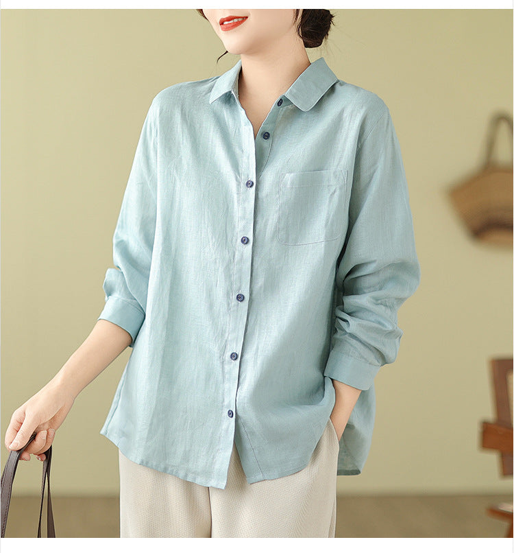 Casual Turnover Collar Linen Long Sleeves Shirts-Shirts & Tops-Light Blue-M-Free Shipping Leatheretro