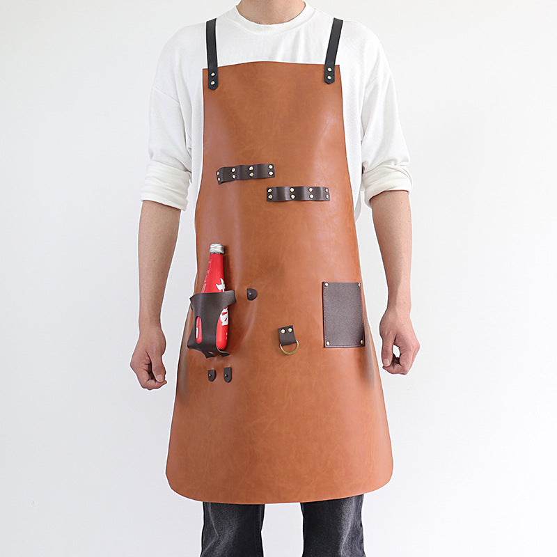 PU Leather BBQ Apron – Outdoor Cooking, Grilling & Picnic Apron with Bottle Holder – Oil-Resistant Work Apron-Leather Canvas Aprons-PU Brown-Free Shipping Leatheretro
