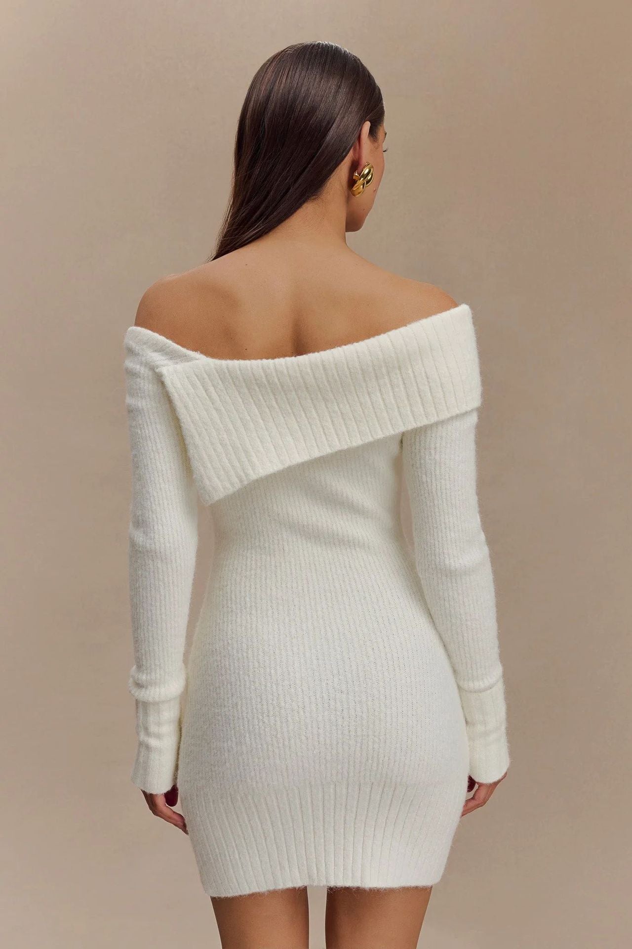 Sexy Off The Shoulder Long Sleeves Knitted Sweaters-Dresses-White-S-Free Shipping Leatheretro