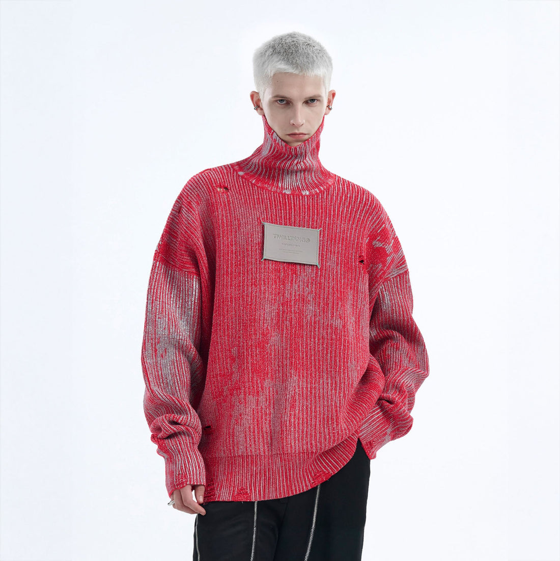 TIWILLTANG Distressed Foil High-Neck Sweater-Sweater-S-Red-Free Shipping Leatheretro