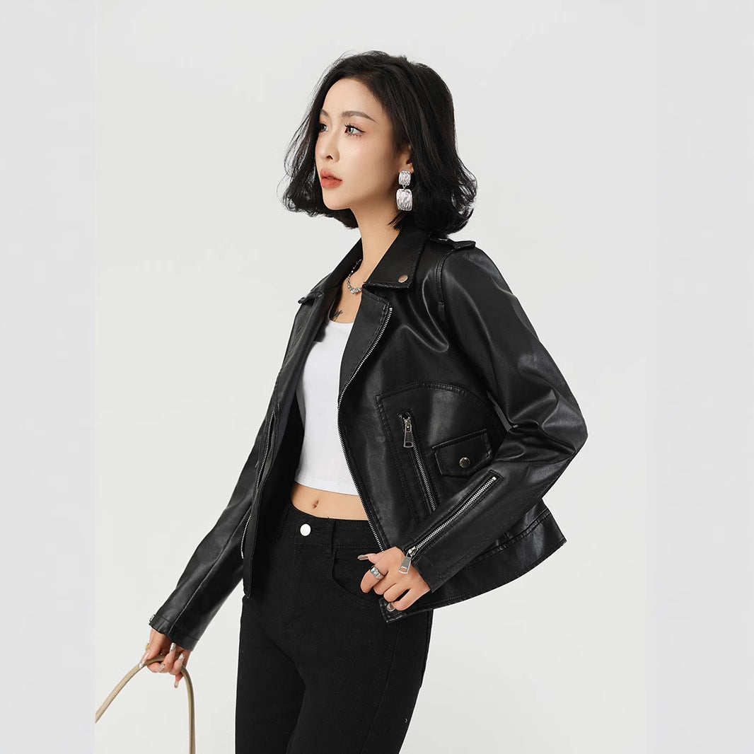 Women's Short PU Leather Jacket-Motorcycle Jackets-Black-S 50-55 kg-Free Shipping Leatheretro