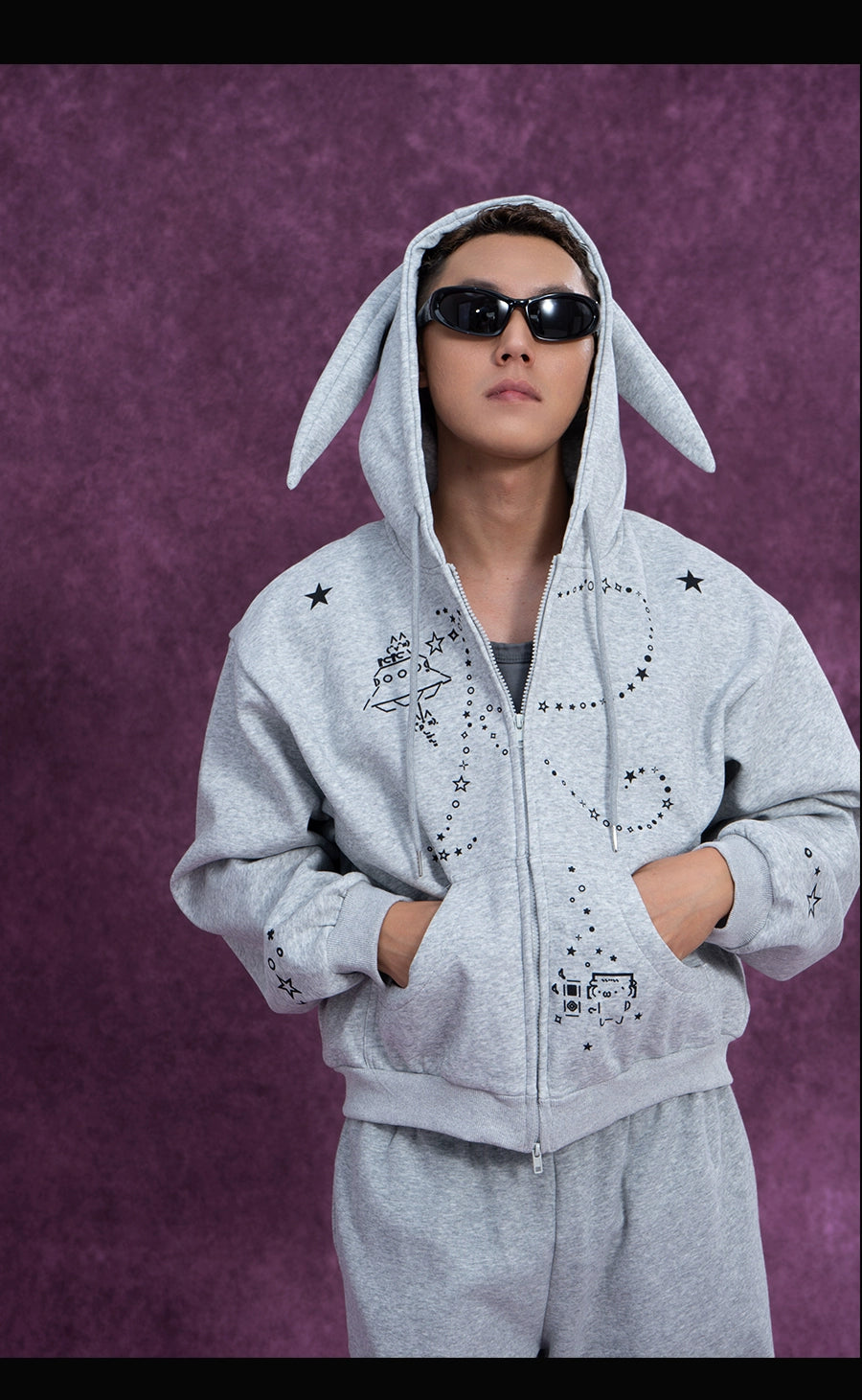 CLP Men's Gray Cartoon Rabbit Print Hooded Sweatshirt Jacket-Gray-S-Free Shipping Leatheretro