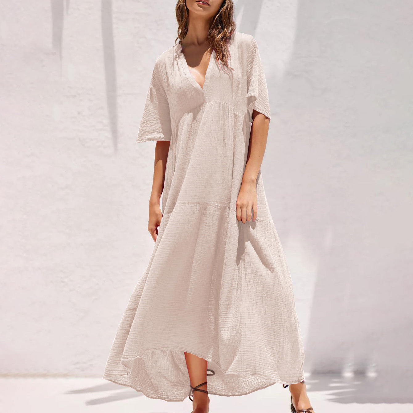 Summer V Neck Long Maxi Dresses-Dresses-Apricot-S-Free Shipping Leatheretro