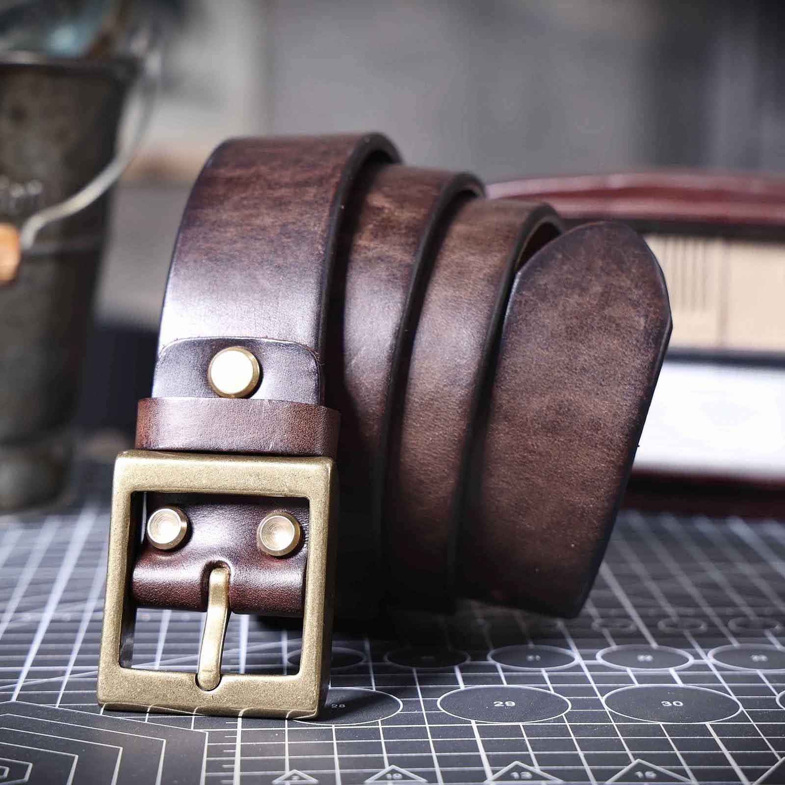 Vintage Men's Genuine Leather Belt Handmade Needle Buckle with Pure Copper Buckle Belt-Leather Belt-Dark Coffee-105cm-Free Shipping Leatheretro