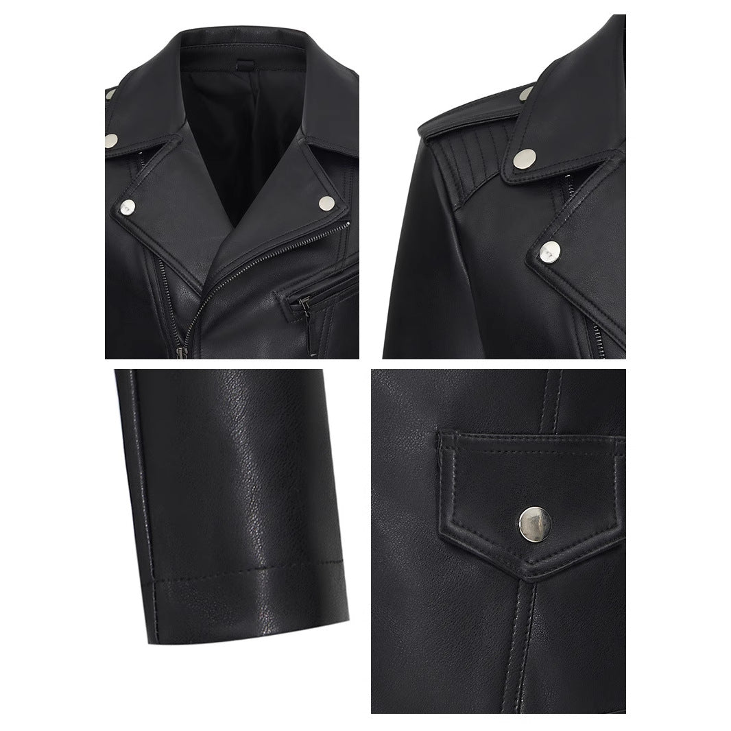 Women's Waist-Cinching Biker Faux Leather Jacket-Black-XS-Free Shipping Leatheretro