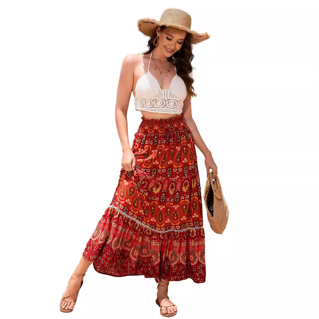 Bohemian Exotic Women Midi Skirts-Skirts-Peacock Blue-S-Free Shipping Leatheretro