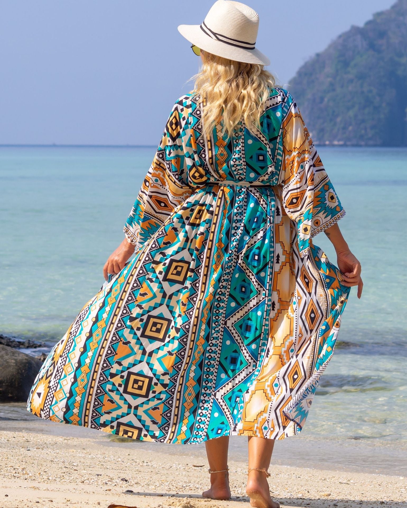 Fashion Floral Print Summer Kimono Beachwear Cover Ups-Blue Geometry-One Size-Free Shipping Leatheretro