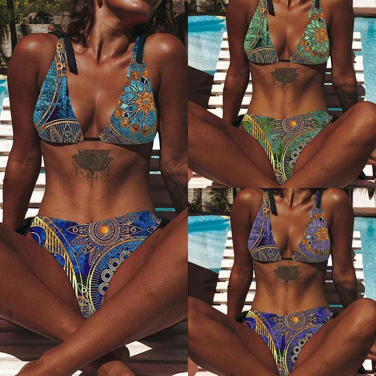 Vintage Floral Print Sexy Bikini Swimwear-Women Swimwear-Blue-S-Free Shipping Leatheretro