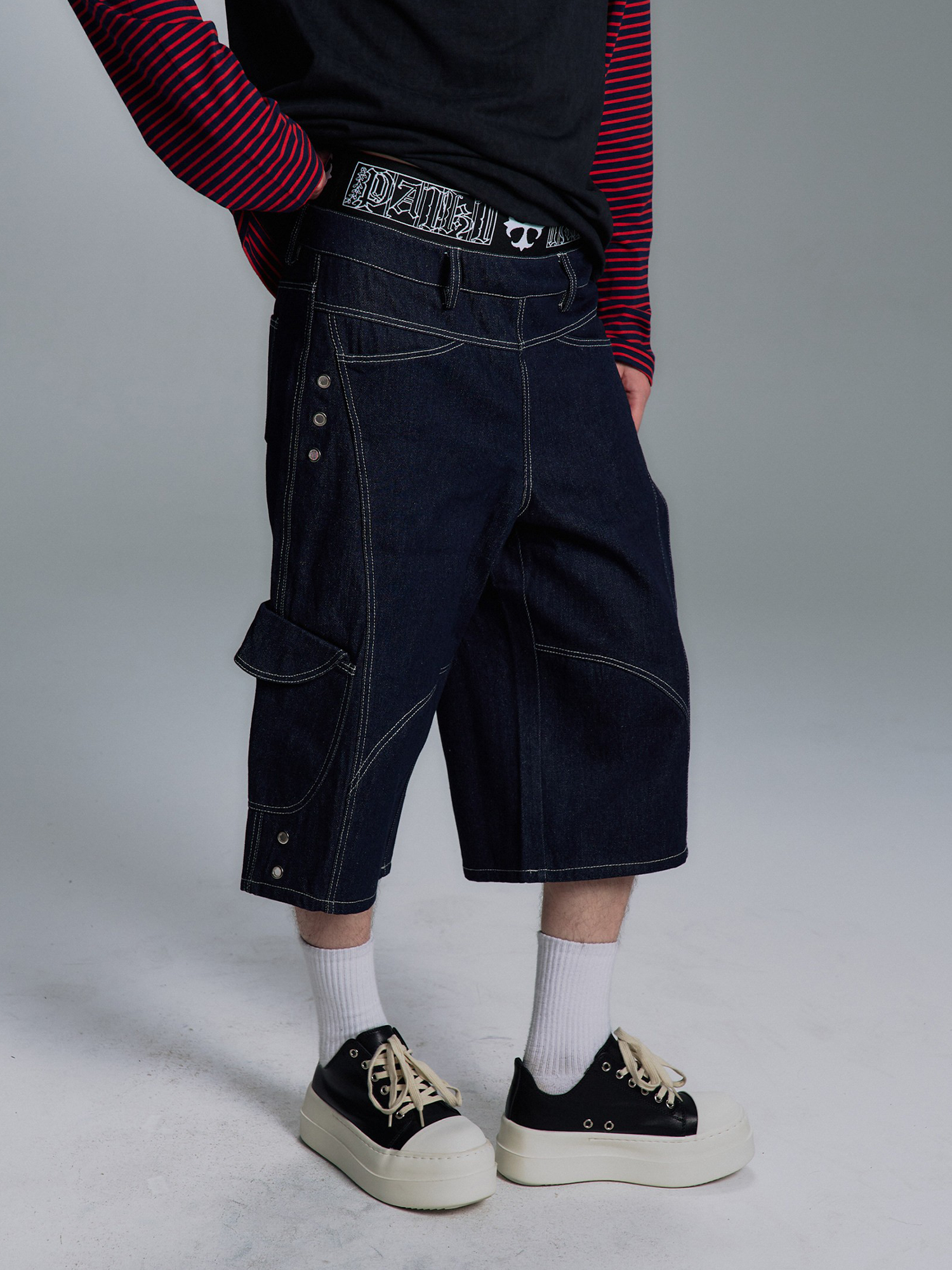 PAIKI Retro Double-Waist Contrast Stitch Cargo Shorts-Shorts-S / 29"-Black-Free Shipping Leatheretro