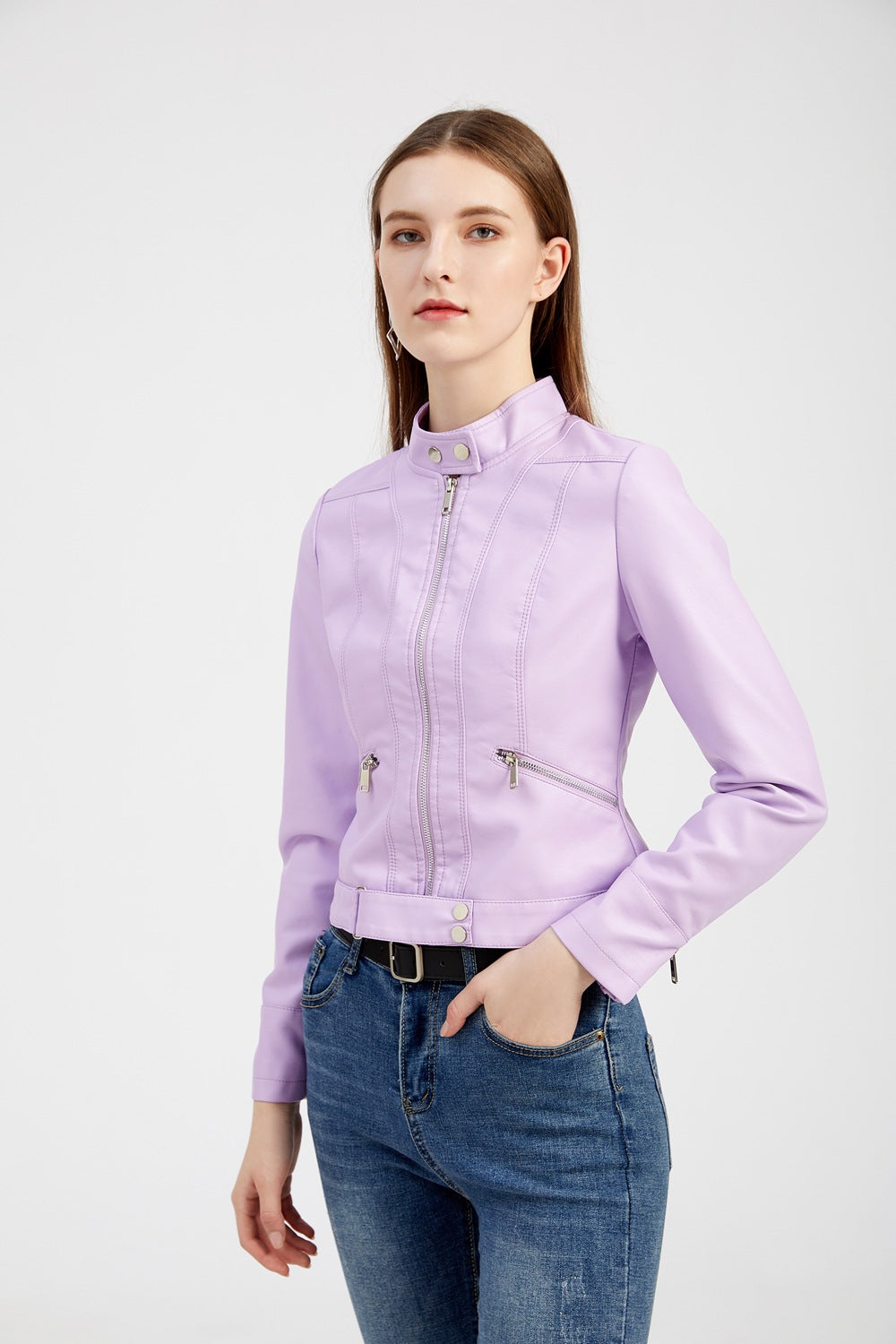 Women's Stand Collar Short Faux Leather Jacket-black-EU(XS)-Free Shipping Leatheretro