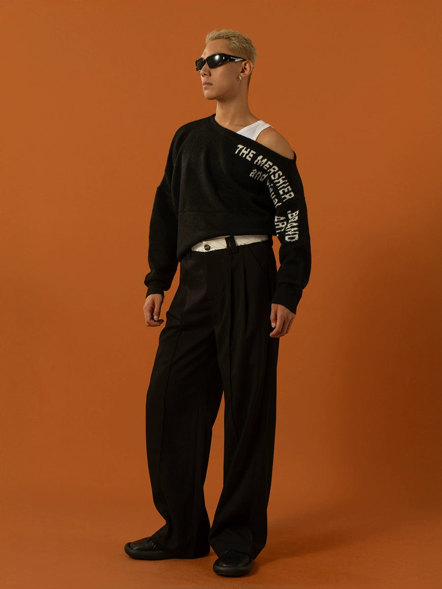 CLP Oversized Off-Shoulder Boat Neck Sweater-Black-S-Free Shipping Leatheretro