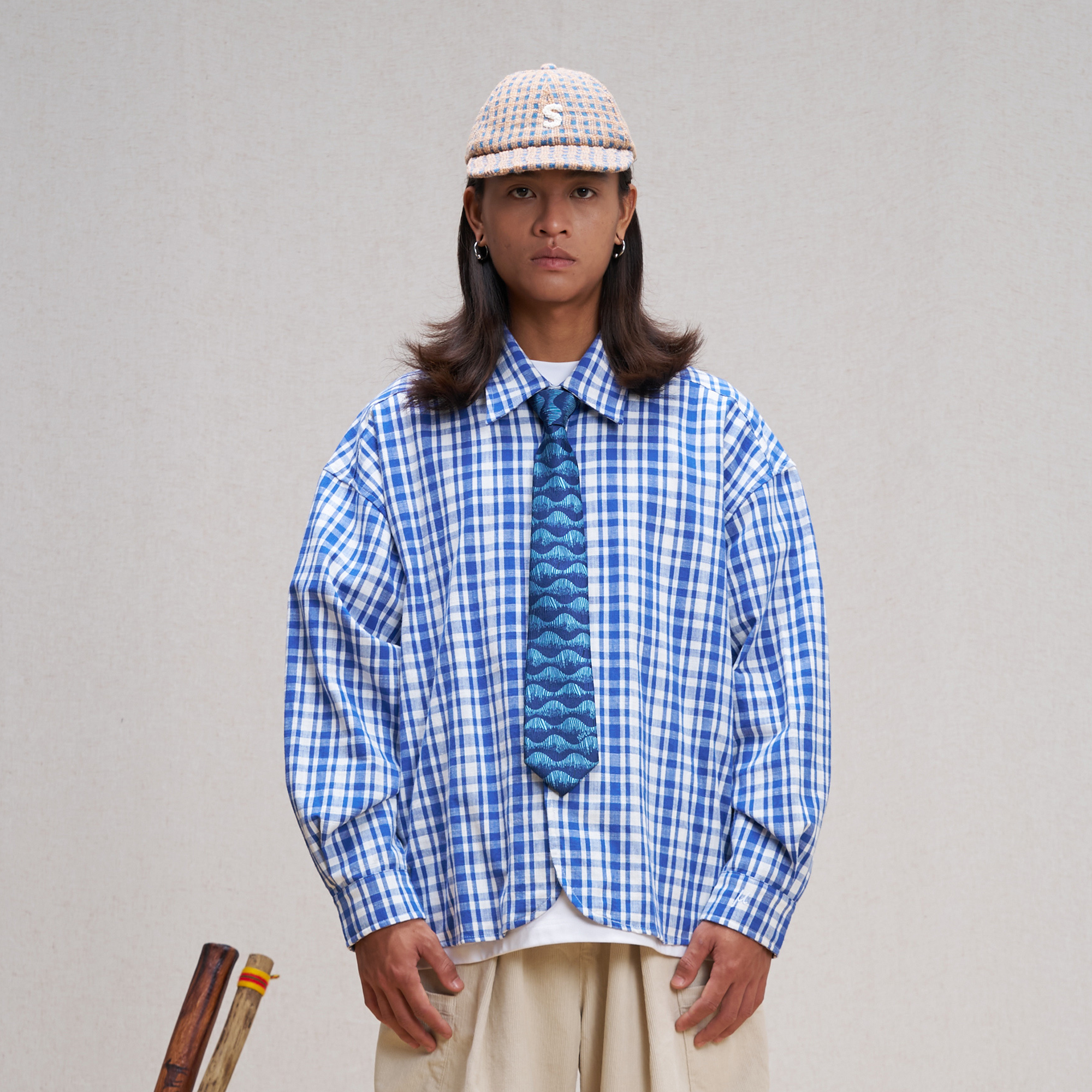 UNLIMITED MOTE Plaid Linen-Blend Half-Open Collar Shirt Blue-Shirt-XS-Free Shipping Leatheretro