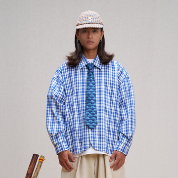 UNLIMITED MOTE Plaid Linen-Blend Half-Open Collar Shirt Blue-Shirt-XS-Free Shipping Leatheretro